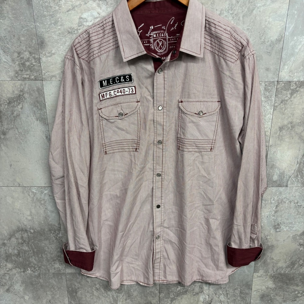 Marc Ecko Cut & Sew Mens XL Pearl Snap Shirt Vintage 2000s Pinstripe Burgundy